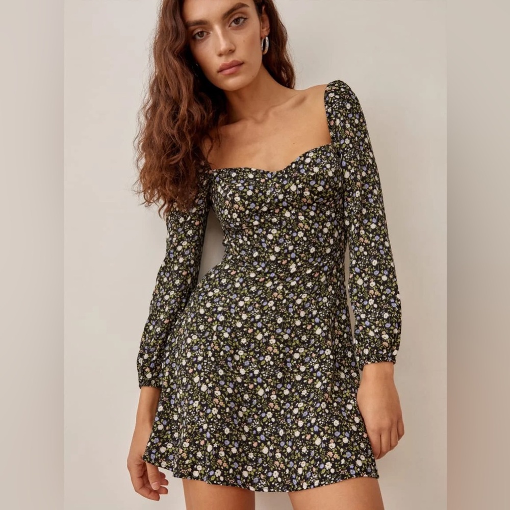 Reformation Mochi Long Sleeve Floral Mini Dress in Black Multi Size 2